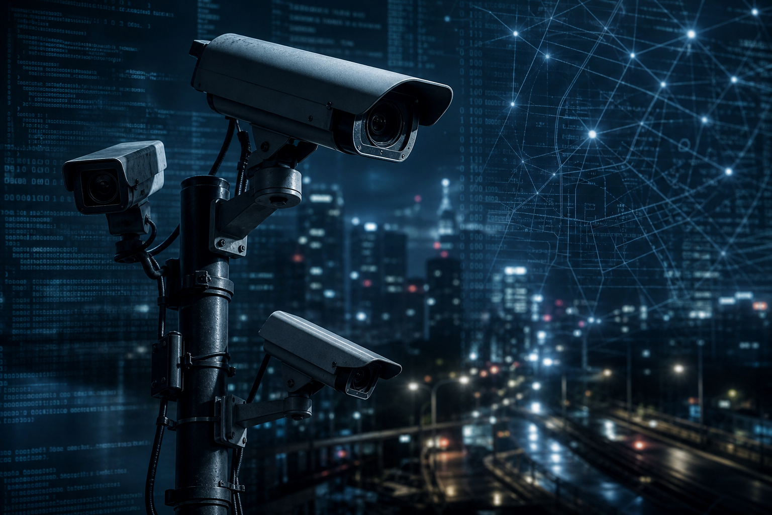 夜間の交通監視カメラとネットワークの概念図