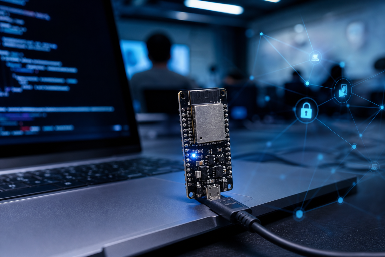 ESP32開発ボードとノートPCが並ぶ近接写真、ブルーのサイバートーン