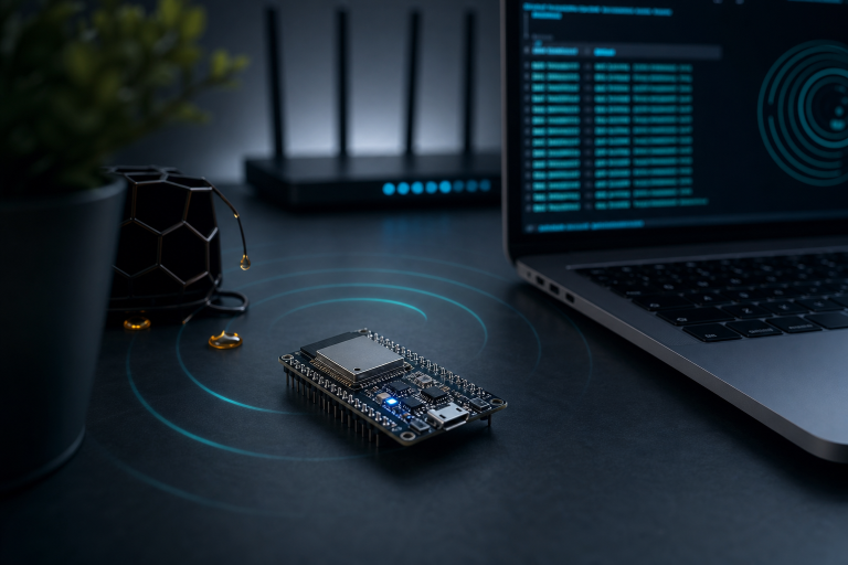 ESP32開発ボードとノートPC、無線信号を示す抽象的なイメージ