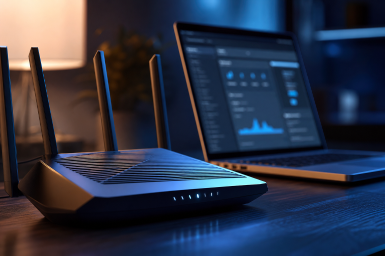 ルーターと管理画面のラップトップを示すサイバー風写真