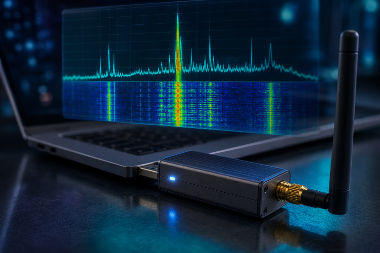 SDR受信機とアンテナ、スペクトル/ウォーターフォール表示のイメージ